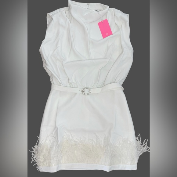 Amanda Uprichard NWT Sullivan Cowlneck Feather Trim Mini Dress in Ivory White - Picture 8 of 11